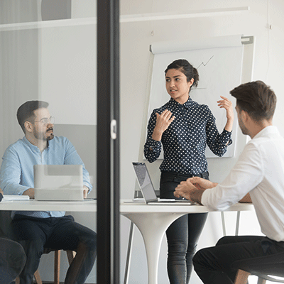 Employees in a meeting.