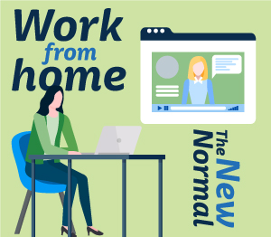 Illustration of a woman sitting at table with a laptop, working from home. 