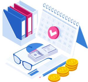 Illustration of a calendar, binder, money, and glasses on a desk.